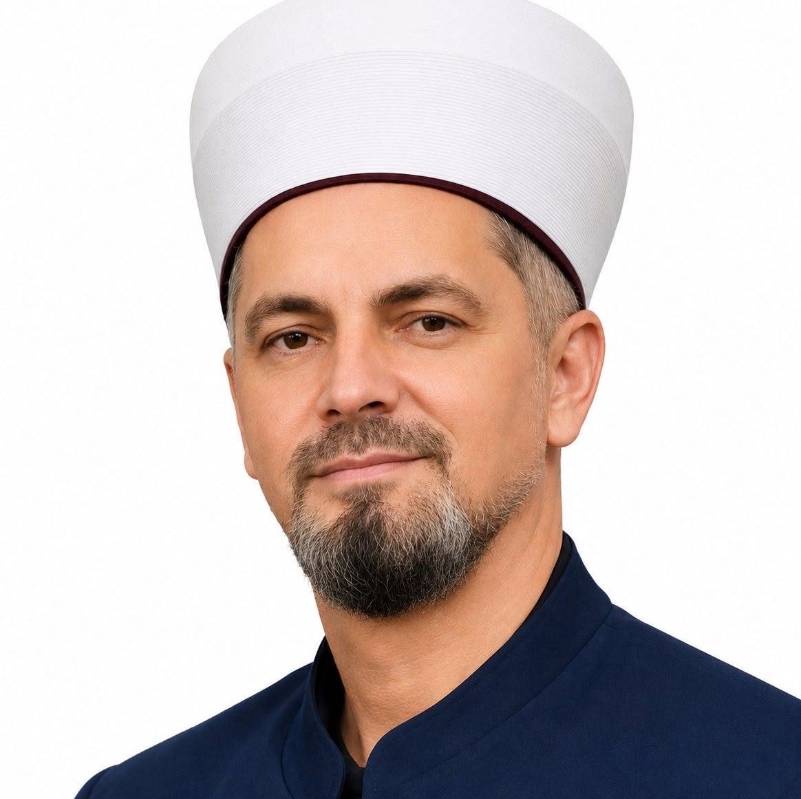 Portrait of Jasmin ef. Latifović, wearing a white ahmedija and a dark blue robe